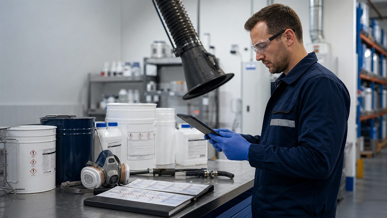 Pracownik podczas pracy z chemikaliami zawierającymi diizocyjaniany